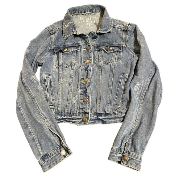 MULTIPLES Other - The Classic Denim Jacket Girls Size 8 Slightly Distressed Medium Wash